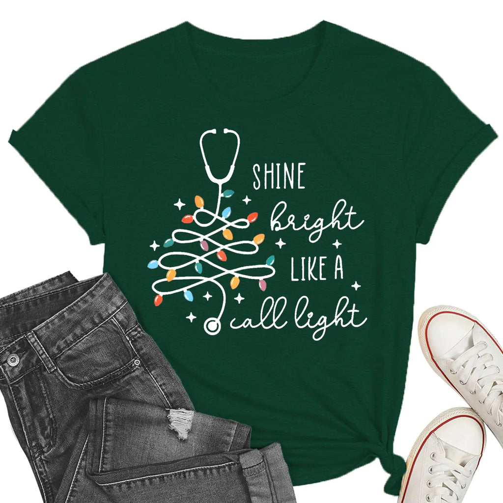 Christmas Shirts for Women Nurse Christmas Tee Shirt Christmas Light Tops Christmas Nurse Vacation Tee Green